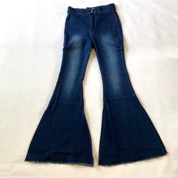 Umgee High Rise Fringe Hem Bell Bottom Stretch Denim Jeans Dark Blue Wash New 7 - Picture 3 of 14
